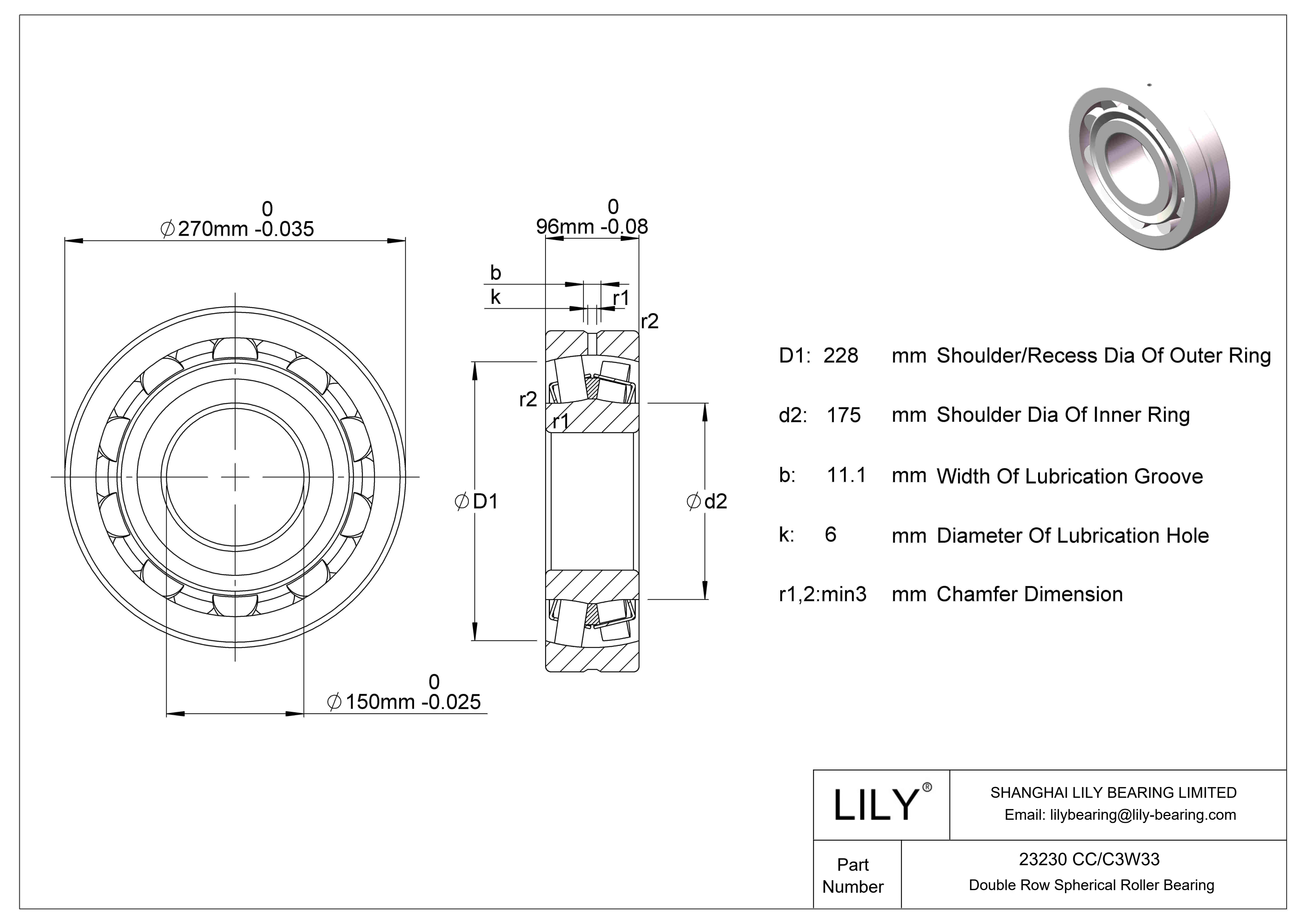 23230 CC/C3W33 | Double Row Spherical Roller Bearing - SKF | LILY Bearing